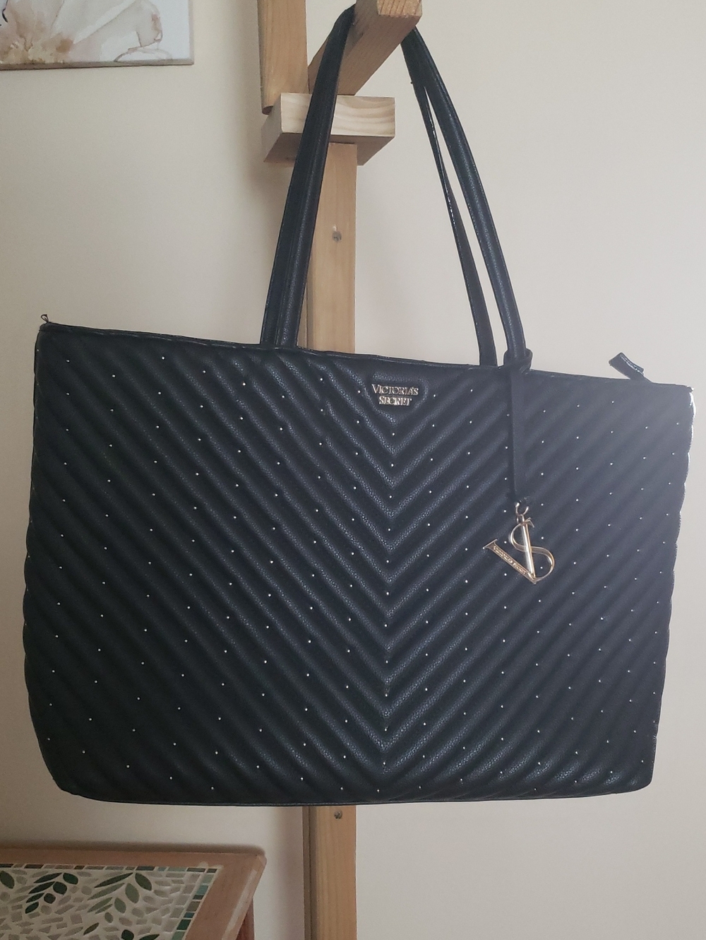 Victoria's Secret Black Quilted Tote with Gold VS Charm